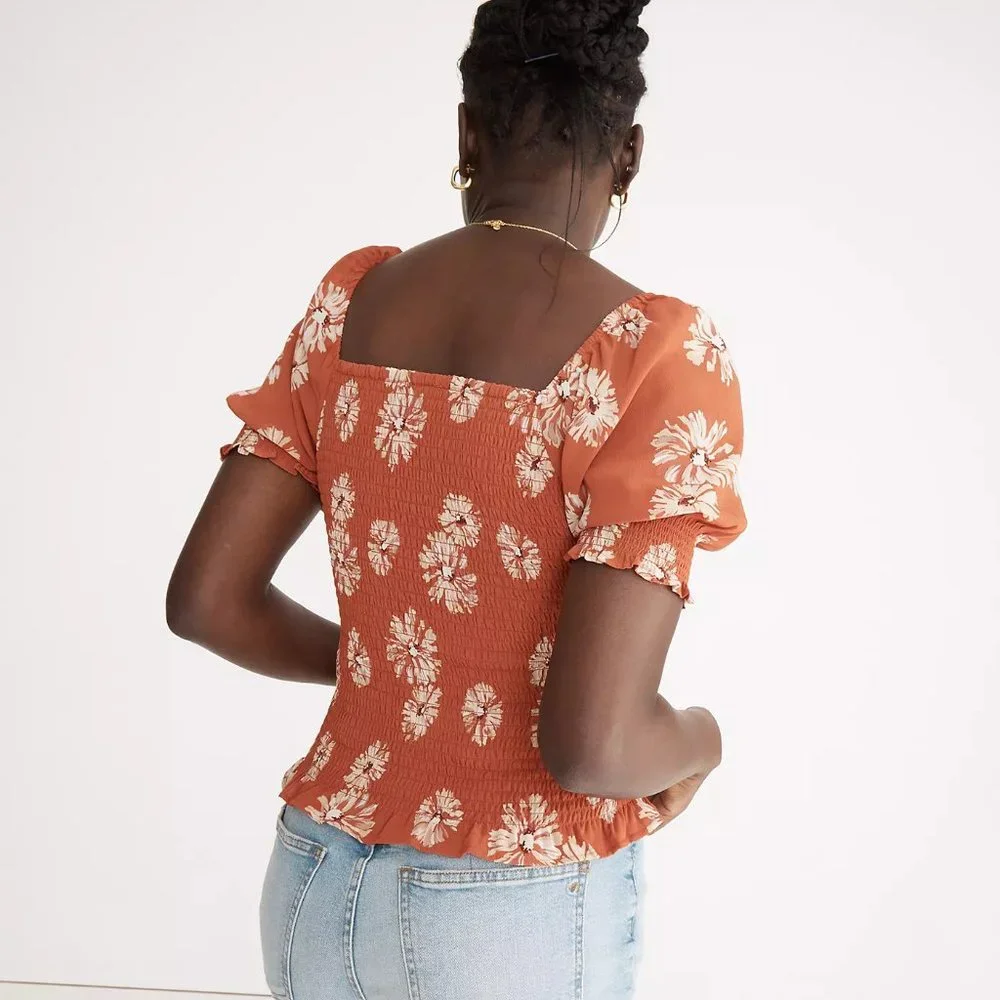 [NWT] Madewell Floral Georgette Puff-Sleeve Smocked Bodice Top